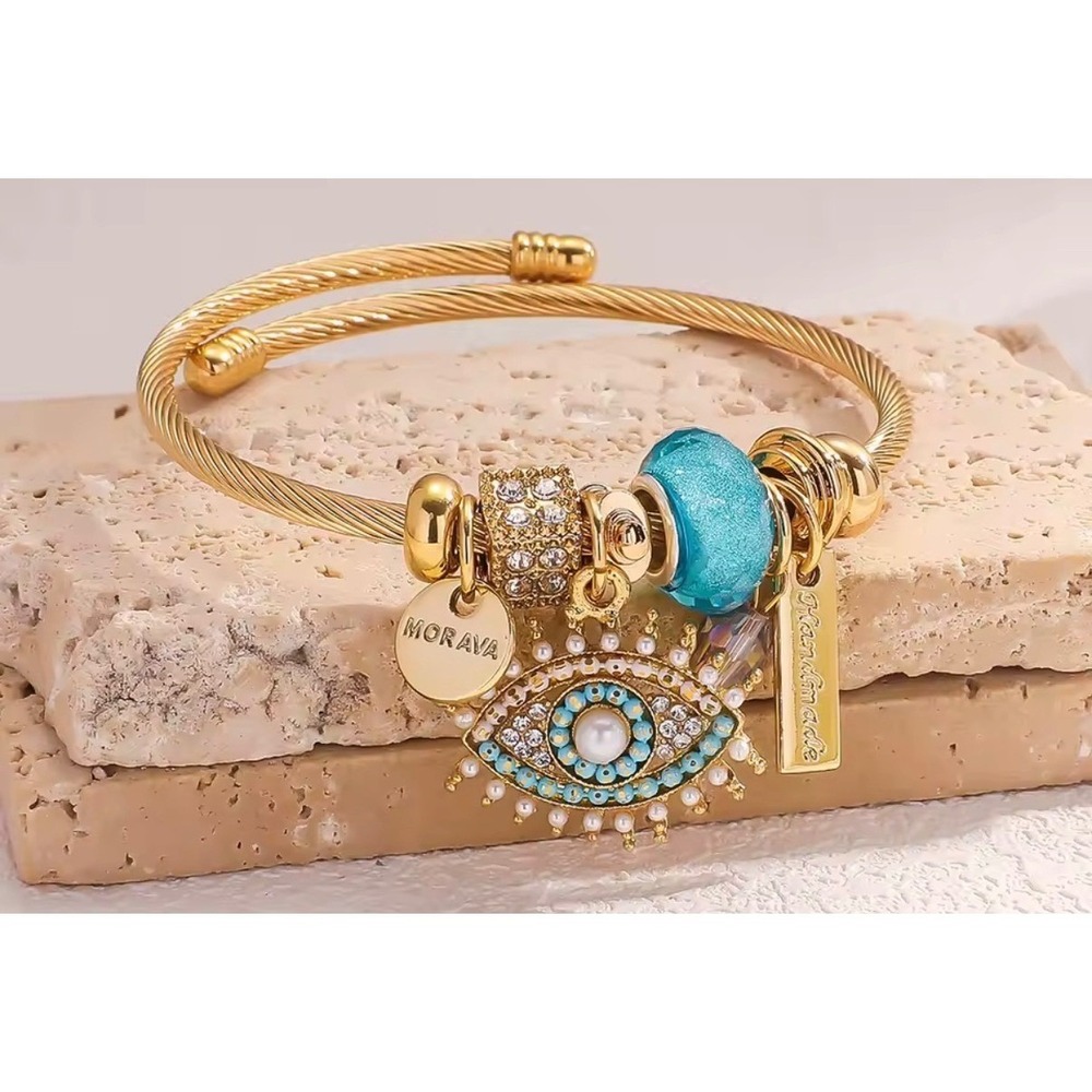 Morava Gold Evil Eye Charm Bangle Bracelet Twisted Cable Adjustable Cuff Blue
